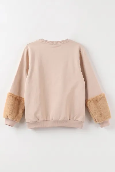 Bej (5-13 Yaş) Kiraz Nakışlı Taşlı  İçi Şardonlu Kız Çocuk Sweatshirt 487443