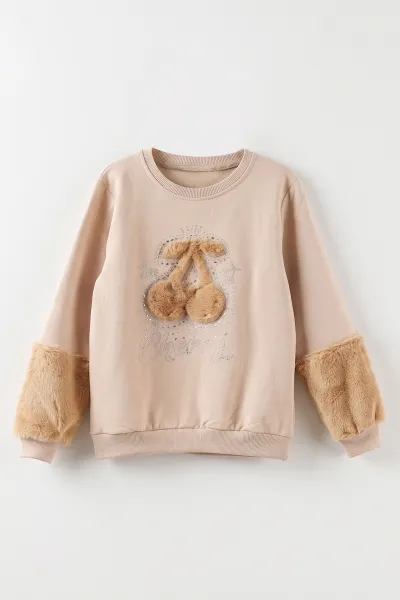 Bej (5-13 Yaş) Kiraz Nakışlı Taşlı  İçi Şardonlu Kız Çocuk Sweatshirt 487443