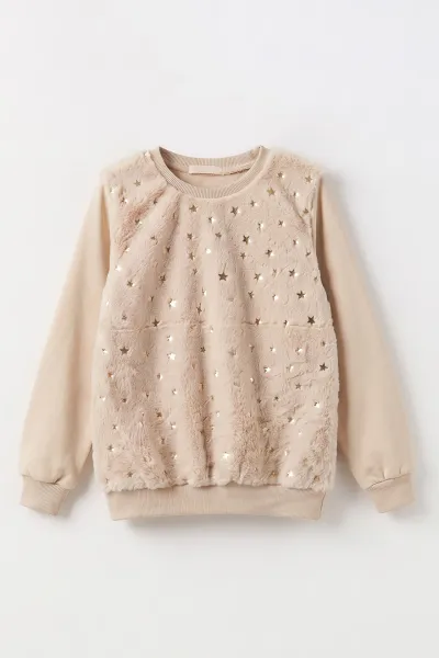 Bej (5-13 Yaş) Önü Yıldızlı  Peluşlu İçi Hafif   Şardonlu Kız Çocuk Sweatshirt 489286