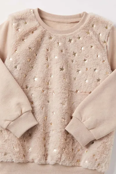 Bej (5-13 Yaş) Önü Yıldızlı  Peluşlu İçi Hafif   Şardonlu Kız Çocuk Sweatshirt 489286
