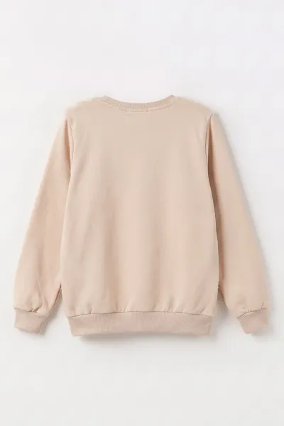 Bej (5-13 Yaş) Önü Yıldızlı  Peluşlu İçi Hafif   Şardonlu Kız Çocuk Sweatshirt 489286