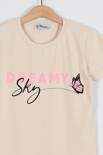 Bej (5-8 Yaş) Dreamy Kabartma Baskılı Kız Çocuk Tişört 185391