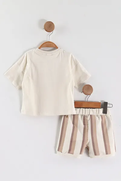 Bej (6-12 Ay-3-4 Yaş) Cute Baskılı Tişörtlü Çizgili Şortlu Erkek Çocuk Yazlık Takım 452952