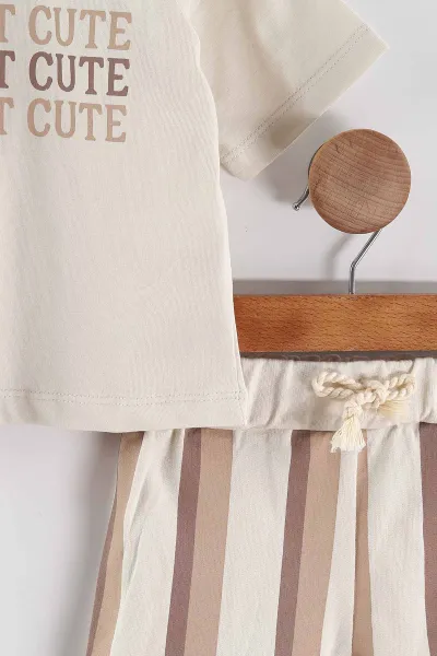 Bej (6-12 Ay-3-4 Yaş) Cute Baskılı Tişörtlü Çizgili Şortlu Erkek Çocuk Yazlık Takım 452952