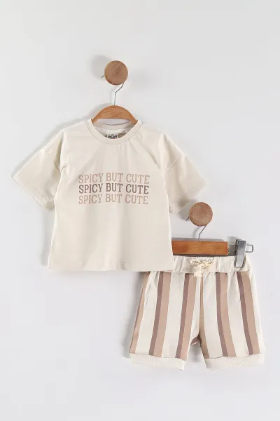 Bej (6-12 Ay-3-4 Yaş) Cute Baskılı Tişörtlü Çizgili Şortlu Erkek Çocuk Yazlık Takım 452952