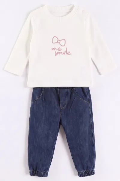 Bej (6-18 Ay) Me Smile Nakışlı Wellsoft Kot Pantolonlu Kız Bebek 3'lü Takım 492404