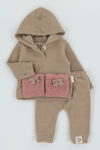 Bej (6-18 ay) Peluş Cepli Kız Çocuk Takım 132707