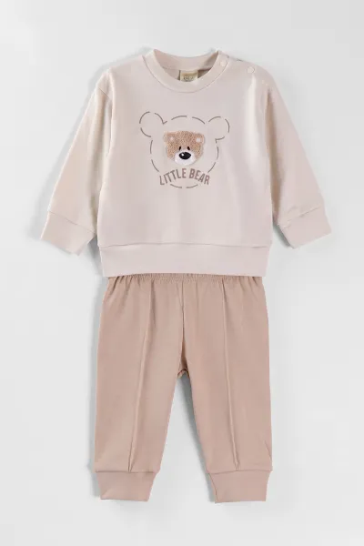 Bej (6-18 Ay)Bear Süzene Nakışlı Çıtçıtlı Çimalı Erkek Bebek Takım 477306