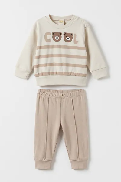 Bej (6-18 Ay)Cool Baskılı Çıtçıtlı Çimalı Erkek Bebek Takım 477607