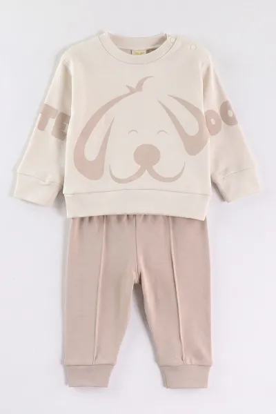 Bej (6-18 Ay)Cute Dog Baskılı Çıtçıtlı Çimalı Erkek Bebek Takım 477882
