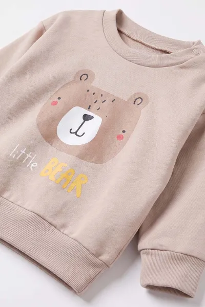 Bej (6-18 Ay)Little Bear Baskılı Çıtçıtlı Çimalı Erkek Bebek Takım 477949