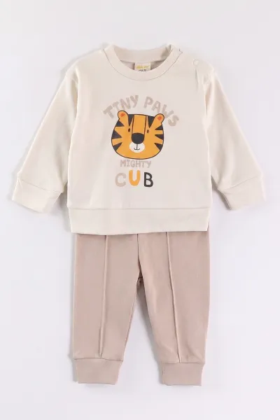 Bej (6-18 Ay)Tiny Paws Baskılı Çıtçıtlı Çimalı Erkek Bebek Takım 477853
