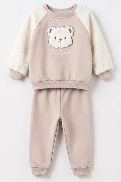 Bej (6-24 Ay) Ayı Nakışlı Kolları Peluş İçi Şardonlu Erkek Bebek Kışlık Takım 493940