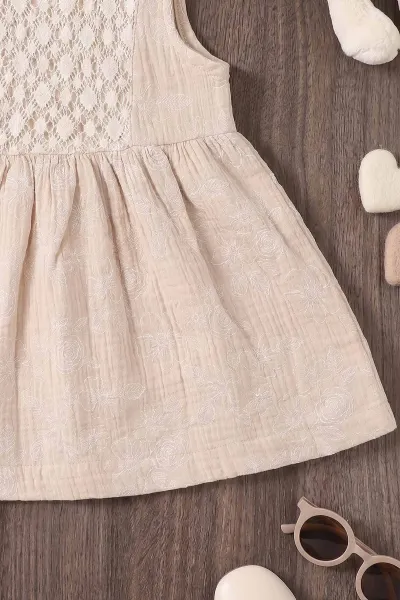 Bej (6-24 Ay) Çiçek Baskılı Sıfır Kol Müslin Kız Bebek Elbise 461789