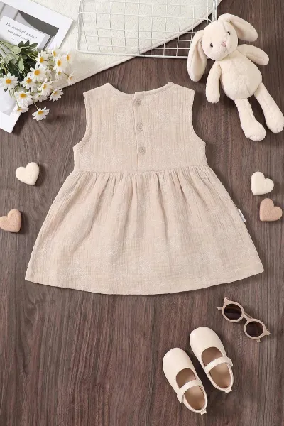 Bej (6-24 Ay) Çiçek Baskılı Sıfır Kol Müslin Kız Bebek Elbise 461789