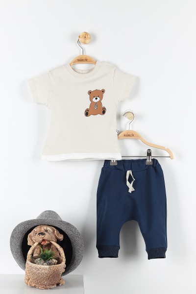Bej (6-24 Ay) Cute Bear Ayı Baskılı Çıtçıt Detaylı Erkek Çocuk Takım 171412