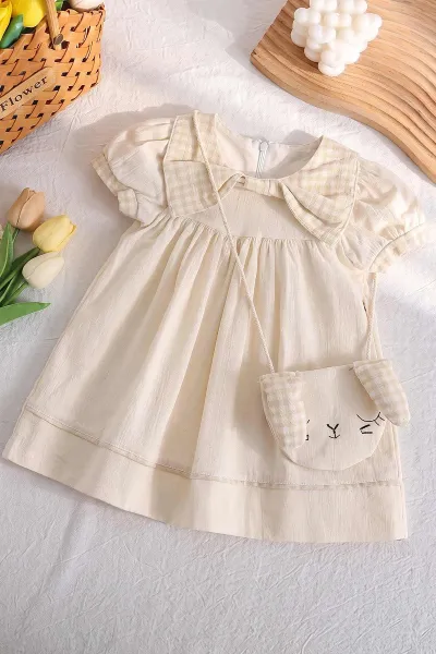 Bej (6-24 Ay) Ekose Yakalı Çantalı Kız Bebek Elbise 470844