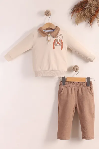 Bej (6-24 Ay) Fun Awais Baskılı Gömlek Yaka Keten Pantolonlu Erkek Bebek 2'li Takım 413443