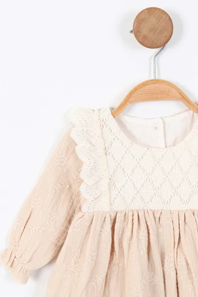 Bej (6-24 Ay) Güpürlü Müslin Kız Bebek Elbise 339779