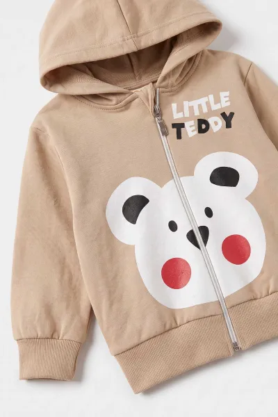 Bej (6-24 Ay) Little Teddy Baskılı Kapüşonlu Fermuarlı Erkek Bebek Takım 473146