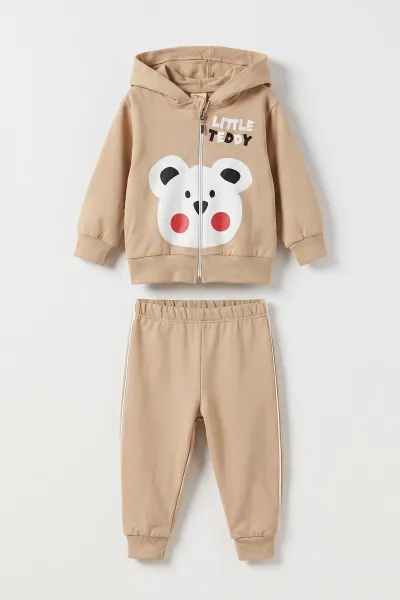 Bej (6-24 Ay) Little Teddy Baskılı Kapüşonlu Fermuarlı Erkek Bebek Takım 473146
