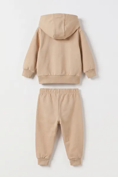 Bej (6-24 Ay) Little Teddy Baskılı Kapüşonlu Fermuarlı Erkek Bebek Takım 473146
