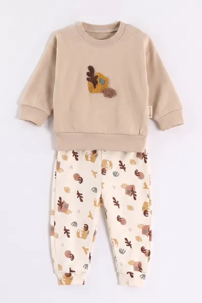 Bej (6-24 Ay) Nakışlı Erkek Bebek 2'li Takım 473064