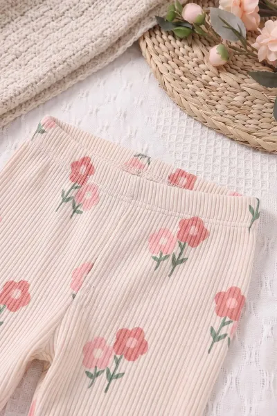 Bej (6-24 Ay) Süzene Papatya Nakışlı Fitilli Taytlı Kız Bebek Takım 478669
