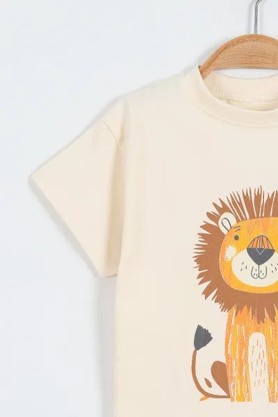 Bej (6-24 Ay)Aslan Baskılı Müslin Pantolonlu Erkek Bebek Takım 357049