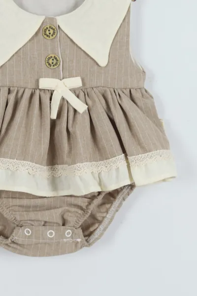 Bej (6-24 Ay)Üçgen Yaka Fiyonklu Kız Bebek Romper Elbise 280597