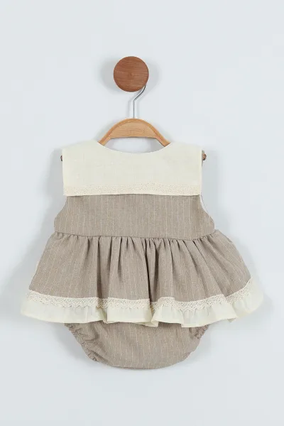 Bej (6-24 Ay)Üçgen Yaka Fiyonklu Kız Bebek Romper Elbise 280597