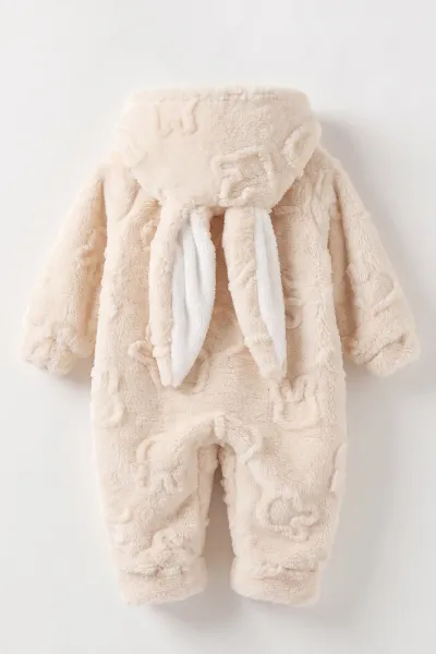 Bej (6-9 Ay) Tavşan Kabartmalı Yumoş Peluş Bebek Tulum 495627