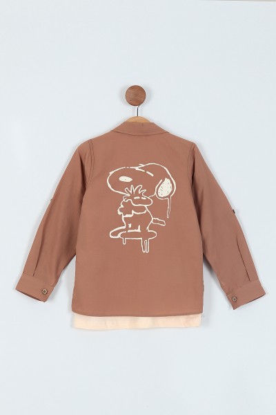 Bej (6-9 Yaş) Snoppy Baskılı Cepli Gömlek Tişört 2Lİ Erkek Çocuk Takım 217724