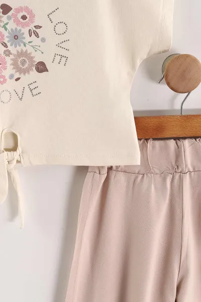 Bej (6-9 Yaş)Love Taşlı Bağlamalı Belmando Bol Paça Pantolonlu Kız Çocuk Takım 436480