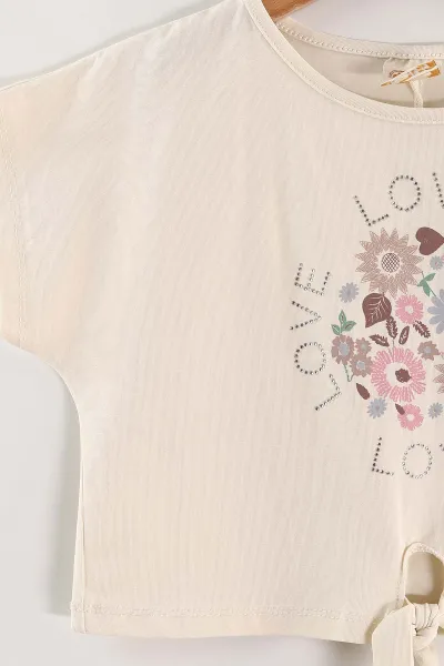 Bej (6-9 Yaş)Love Taşlı Bağlamalı Belmando Bol Paça Pantolonlu Kız Çocuk Takım 436480