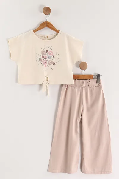 Bej (6-9 Yaş)Love Taşlı Bağlamalı Belmando Bol Paça Pantolonlu Kız Çocuk Takım 436480