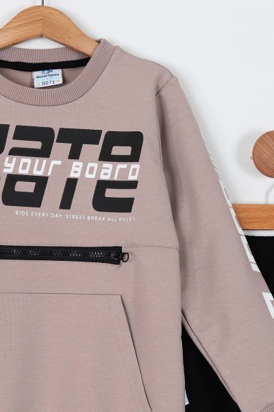 Bej (7-10 Yaş) Skate Baskılı Fermuar Detaylı Kanguru Cepli Erkek Çocuk Takım 199291