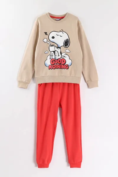 Bej (7-11 Yaş) Good Morning Baskılı Ribana Kumaş Kız Çocuk Pijama Takımı 477071
