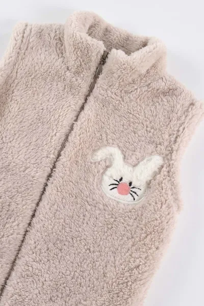 Bej (7-12 Yaş) Tavşan Nakışlı  Peluş Kız Çocuk Yelek 497989