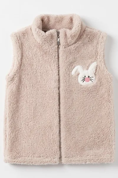 Bej (7-12 Yaş) Tavşan Nakışlı  Peluş Kız Çocuk Yelek 497989