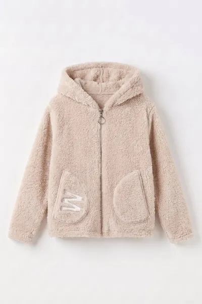 Bej (7-12 Yaş)Cep Üstü W Nakışlı Kapüşonlu  Peluş Kız Çocuk Hırka 497999