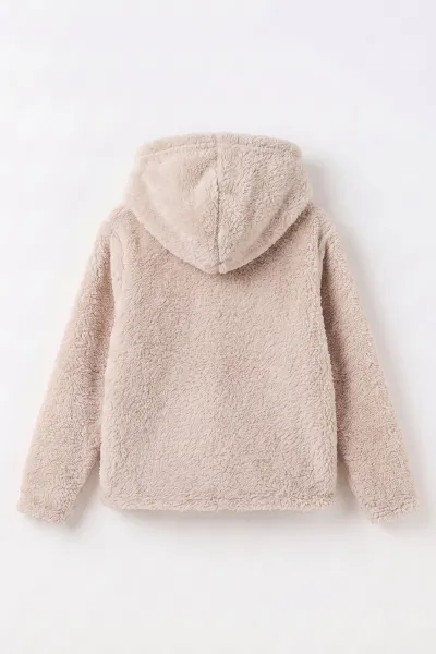 Bej (7-12 Yaş)Cep Üstü W Nakışlı Kapüşonlu  Peluş Kız Çocuk Hırka 497999