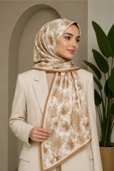Bej 70x180 Cm Dijital Baskılı Çiçek Desen Soft Şal 482111