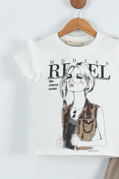 Bej (9-12 Yaş) Baskılı Sülfür Etekli Kız Çocuk Takım 276405