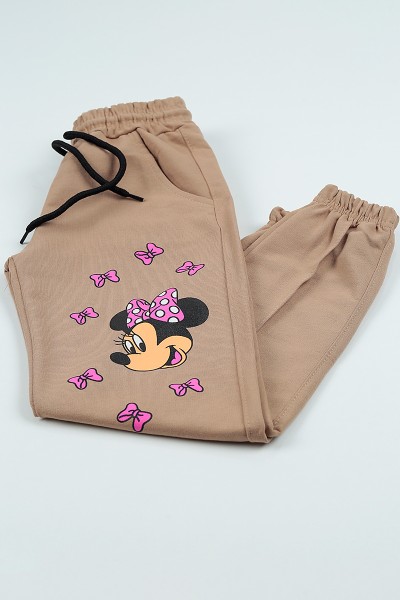 Bej (9-12 Yaş) Mickey Mouse Baskılı Kız Çocuk Eşofman Altı 104805