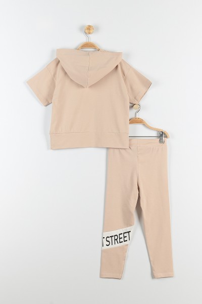 Bej (9-12 Yaş) Street Wear Baskılı Kapüşon Detaylı Kız Çocuk Takım 176954