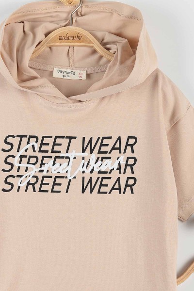 Bej (9-12 Yaş) Street Wear Baskılı Kapüşon Detaylı Kız Çocuk Takım 176954