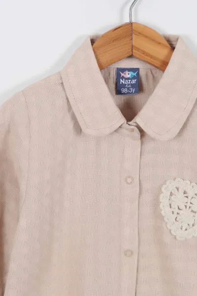Bej (9-24 Ay) Kalp  Nakışlı Keten Pantolonlu Kız Bebek 2'li Takım 335475