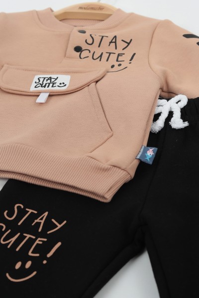 Bej (9-24 Ay) Stay Cute Baskılı Kapak Cepli Üç İp Şardonlu Erkek Çocuk Takım 136795