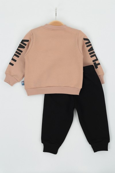 Bej (9-24 Ay) Stay Cute Baskılı Kapak Cepli Üç İp Şardonlu Erkek Çocuk Takım 136795